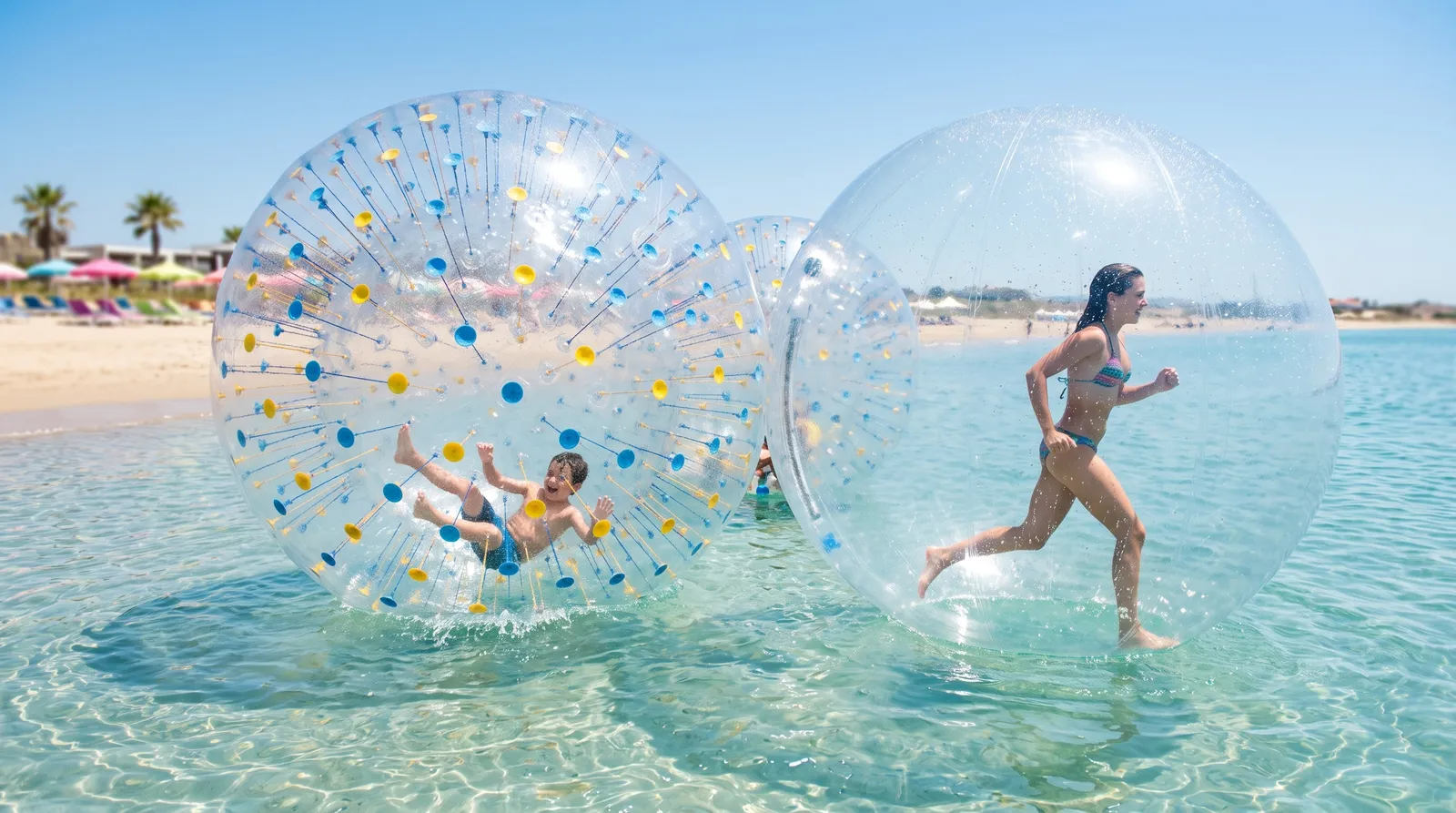 Water walking balls sur l'eau turquoise
